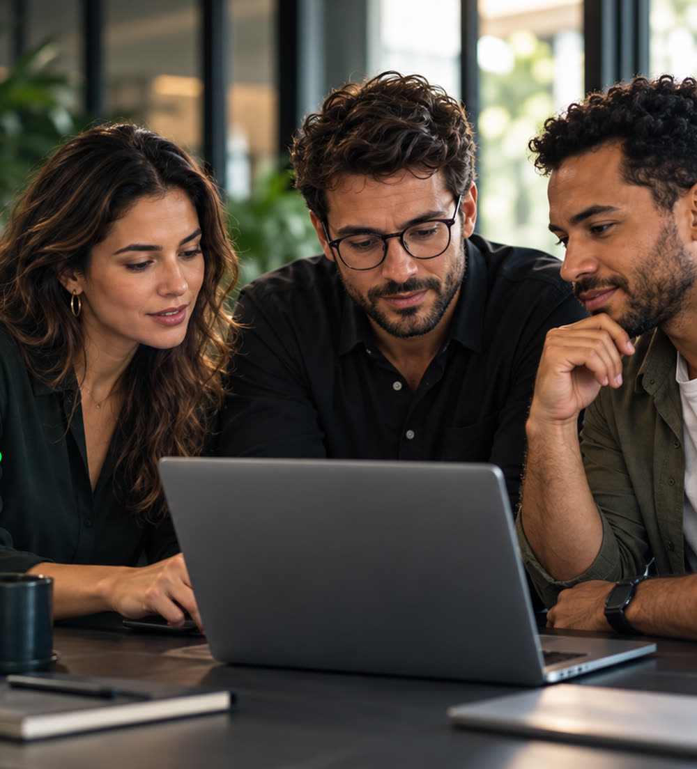 Tres personas trabajando juntas frente a un portátil